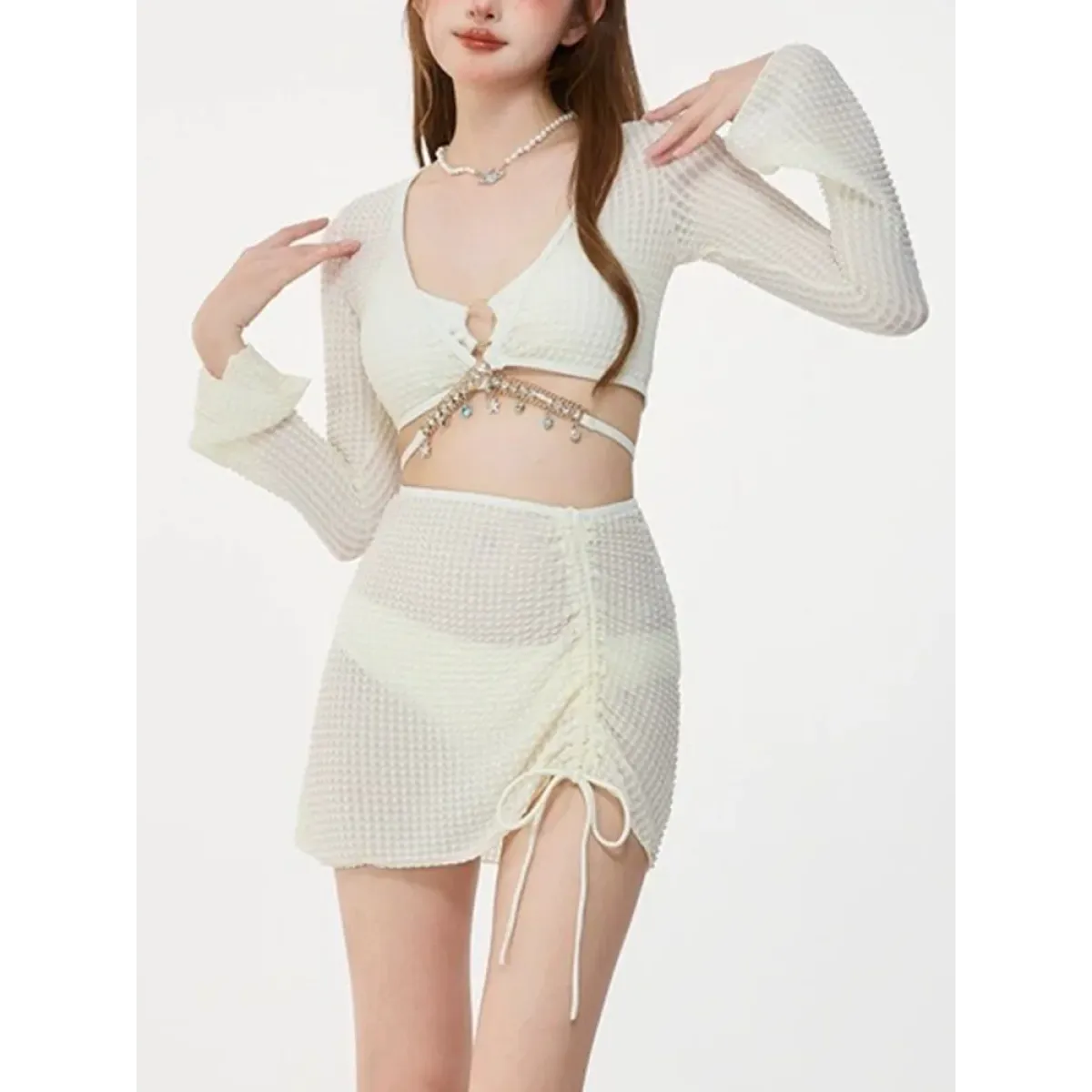 Conjunto de bikini de malla color marfil con cadena – Traje de baño de manga larga con cordones