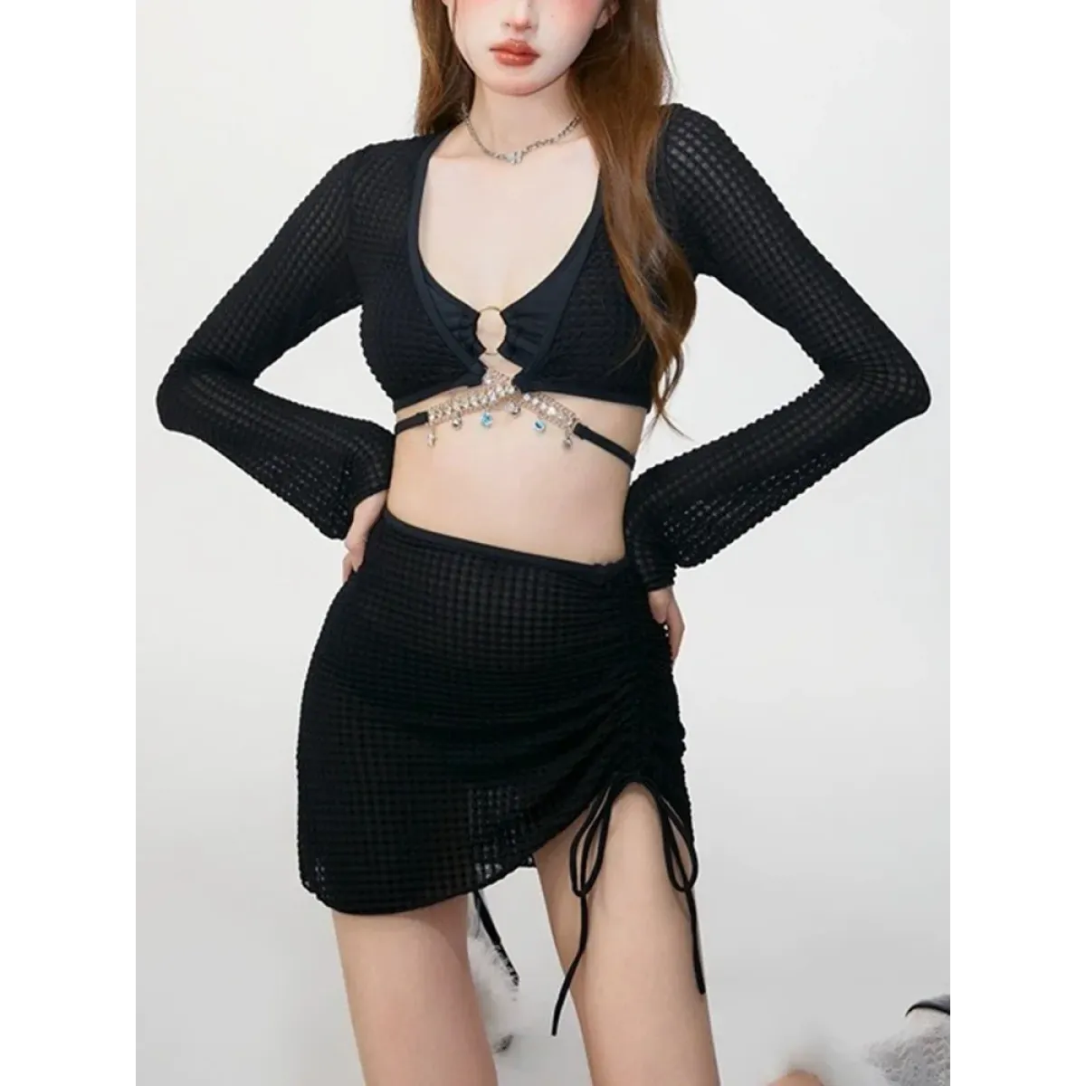 Conjunto de bikini de malla color marfil con cadena – Traje de baño de manga larga con cordones