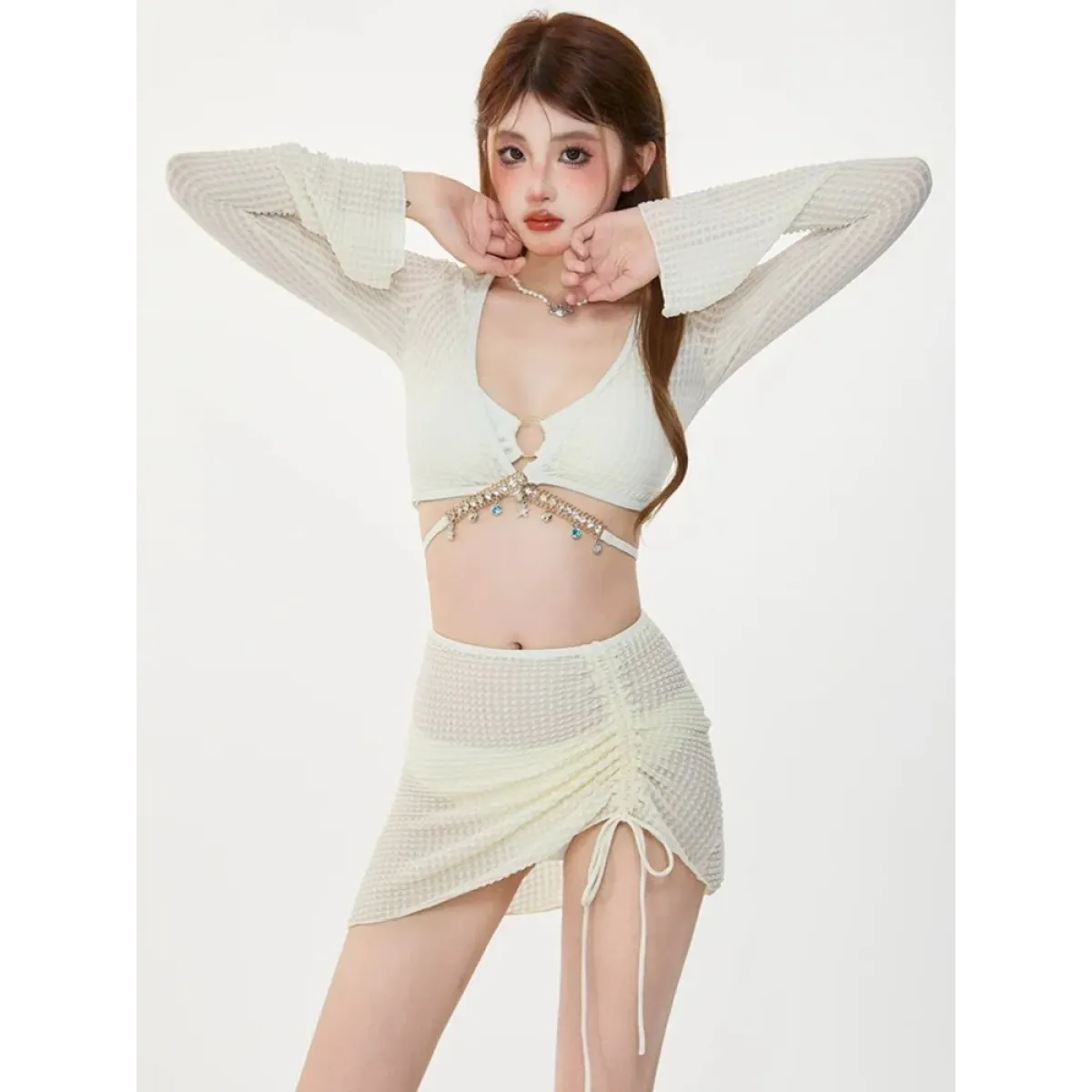 Conjunto de bikini de malla color marfil con cadena – Traje de baño de manga larga con cordones