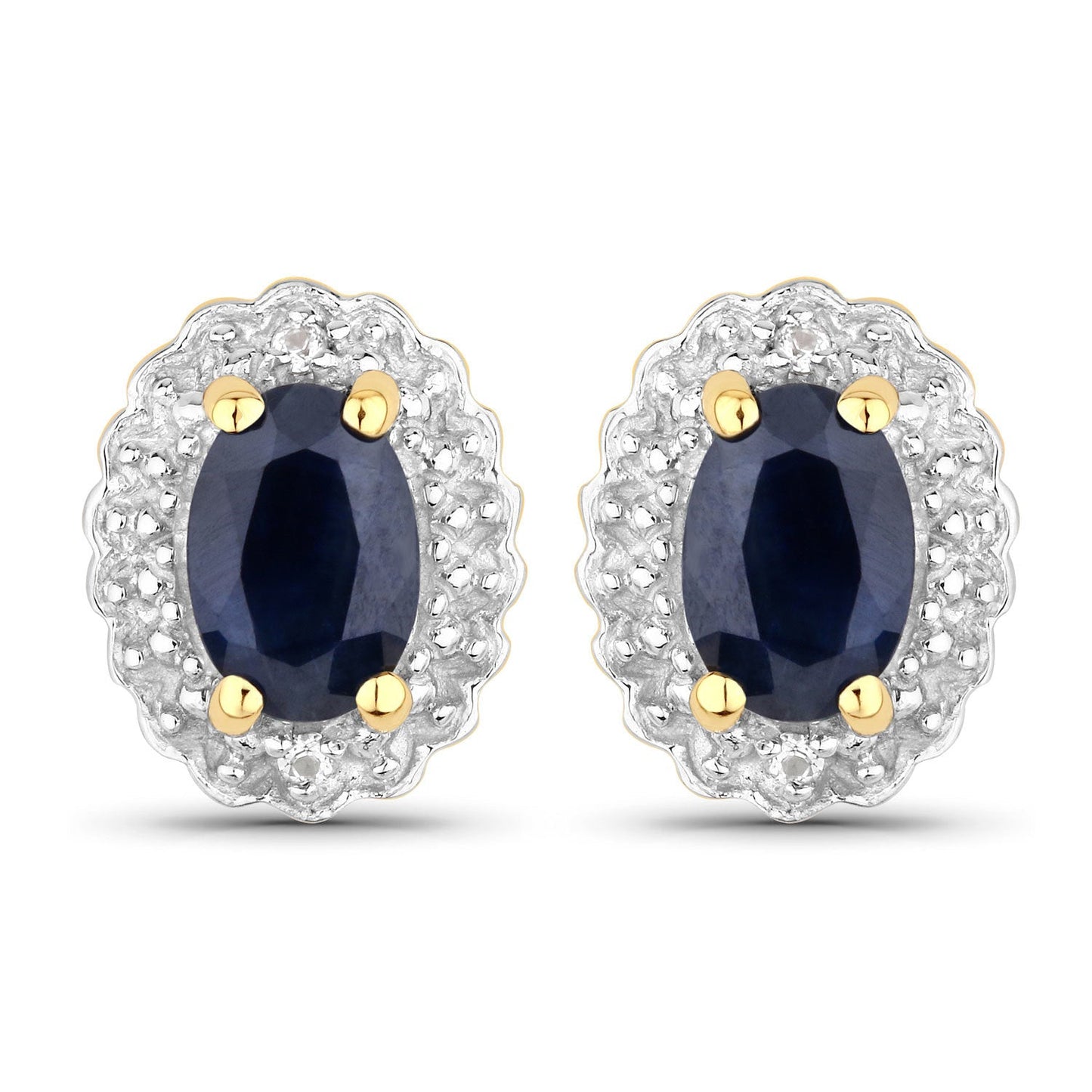 Conjunto de joyas de plata de ley .925 con zafiro negro-azul y topacio blanco auténticos de 1,96 quilates