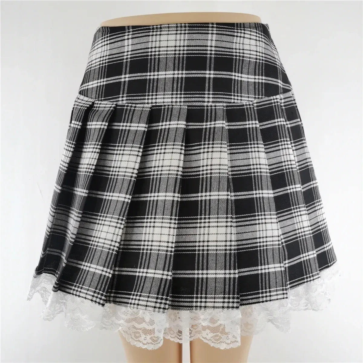 Falda gótica punk de encaje a cuadros rojos y negros – Plisada estilo Harajuku Y2K