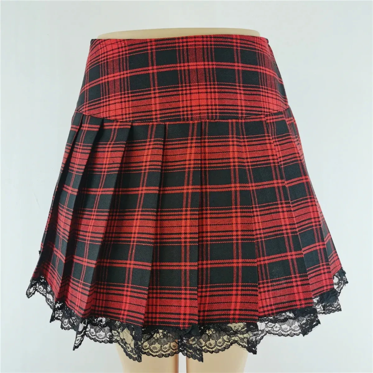 Falda gótica punk de encaje a cuadros rojos y negros – Plisada estilo Harajuku Y2K