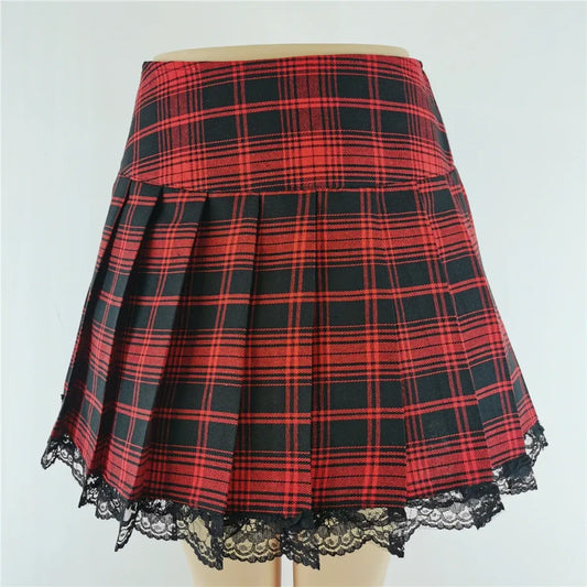Falda gótica punk de encaje a cuadros rojos y negros – Plisada estilo Harajuku Y2K