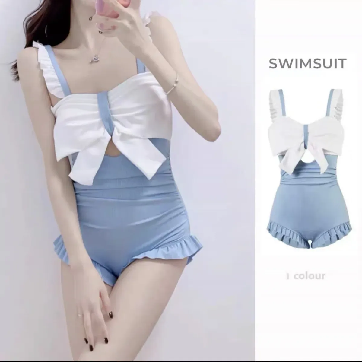 Traje de baño de retazos con lazo – Shorts de una pieza con volantes coreanos