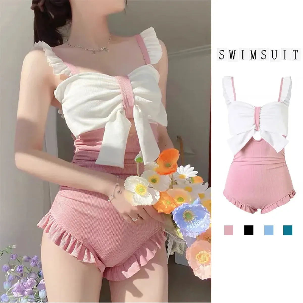 Traje de baño de retazos con lazo – Shorts de una pieza con volantes coreanos
