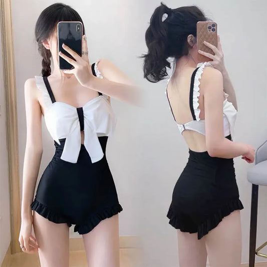 Traje de baño de retazos con lazo – Shorts de una pieza con volantes coreanos