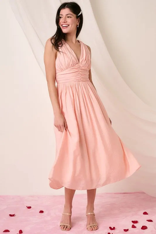 Vestido midi sin mangas con escote en V fruncido de Mittoshop