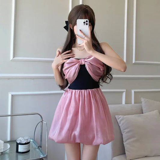 Traje de baño coreano de retazos con lazo – Bañador dulce de una pieza con relleno
