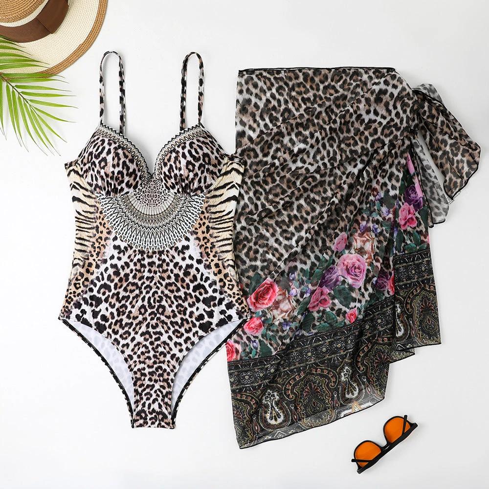 Traje de baño de una pieza informal con estampado de leopardo, de malla, largo