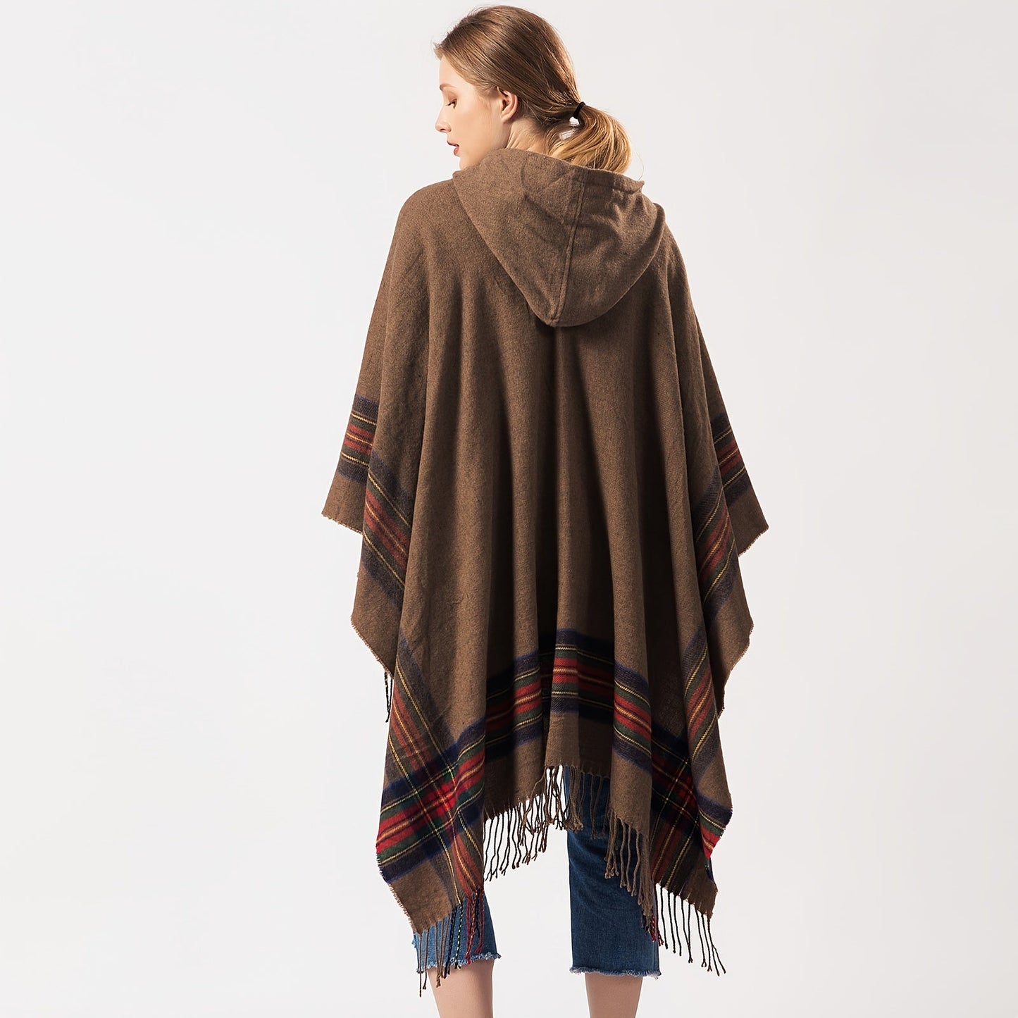 Cárdigan escocés extragrande con capucha - Chal de rayas de moda con borlas de lujo - Acogedor, resistente al viento y al frío para exteriores en otoño e invierno - Una manta de felpa tipo chal.