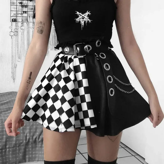 Falda gótica punk de cuadros ajedrezados - Cadenas con ojales y paneles de contraste