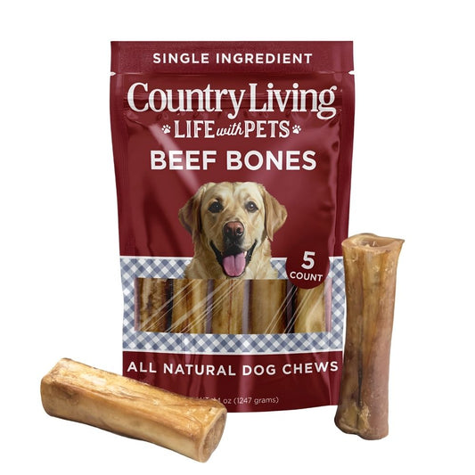 Huesos de res Country Living de 5”-6” para perros – Bolsa de 5 unidades – Masticables naturales y duraderos – Un solo ingrediente, alto en proteínas, sin cuero crudo – Favorecen la salud dental