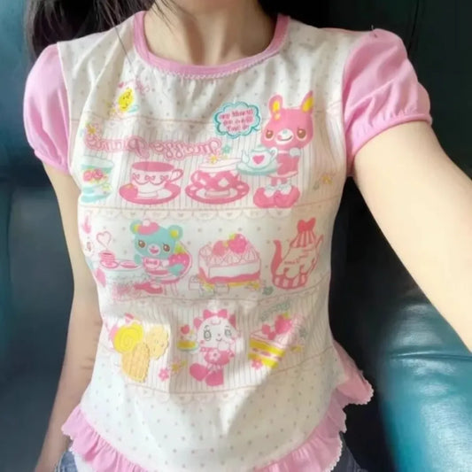 Camiseta corta de dibujos animados con volantes Harajuku