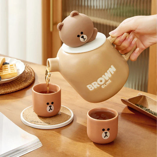 Tetera y tazas de oso de peluche de cerámica