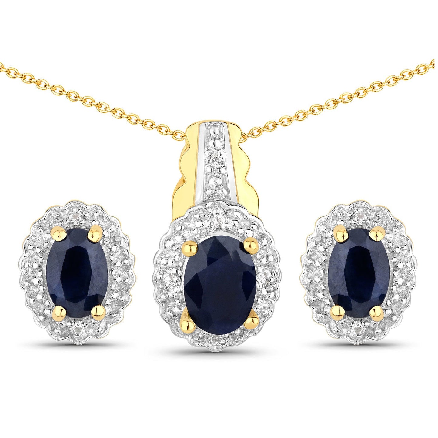Conjunto de joyas de plata de ley .925 con zafiro negro-azul y topacio blanco auténticos de 1,96 quilates