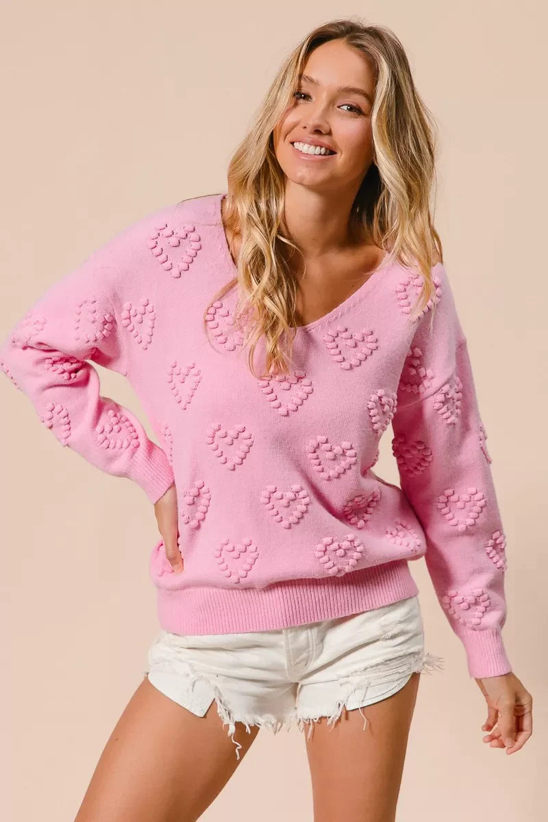 Top de punto con cuello en V y pompón de corazón de San Valentín de BiBi