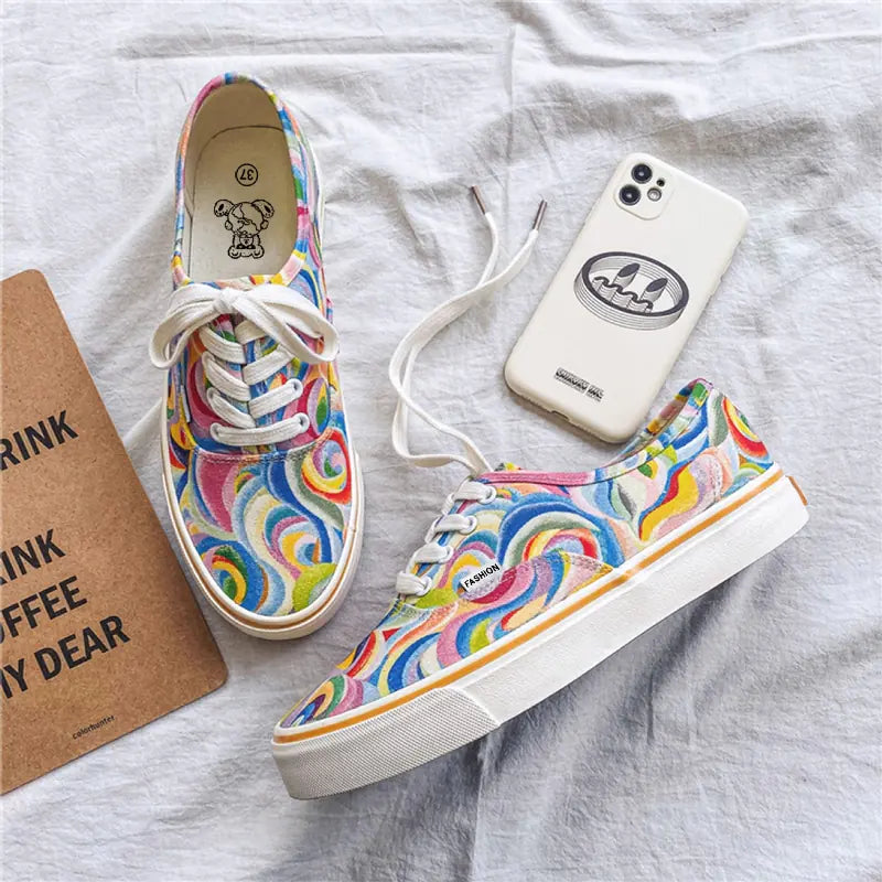 Zapatillas deportivas de pareja con grafiti arcoíris - Diseño de caña baja