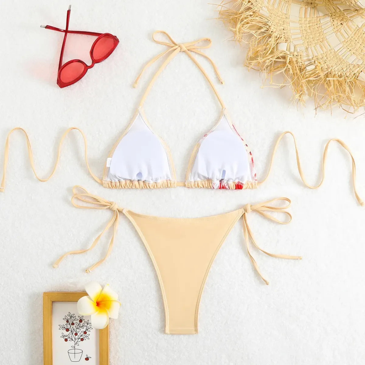 Conjunto de bikini con cuello halter – Traje de baño con estampado floral vintage y tirantes