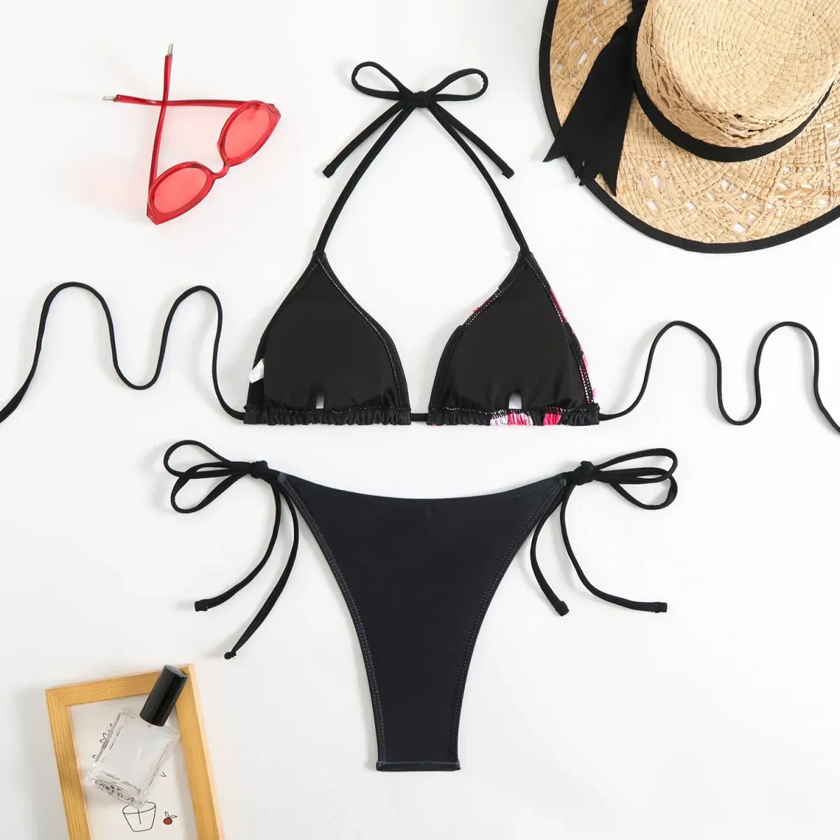 Conjunto de bikini con cuello halter – Traje de baño con estampado floral vintage y tirantes