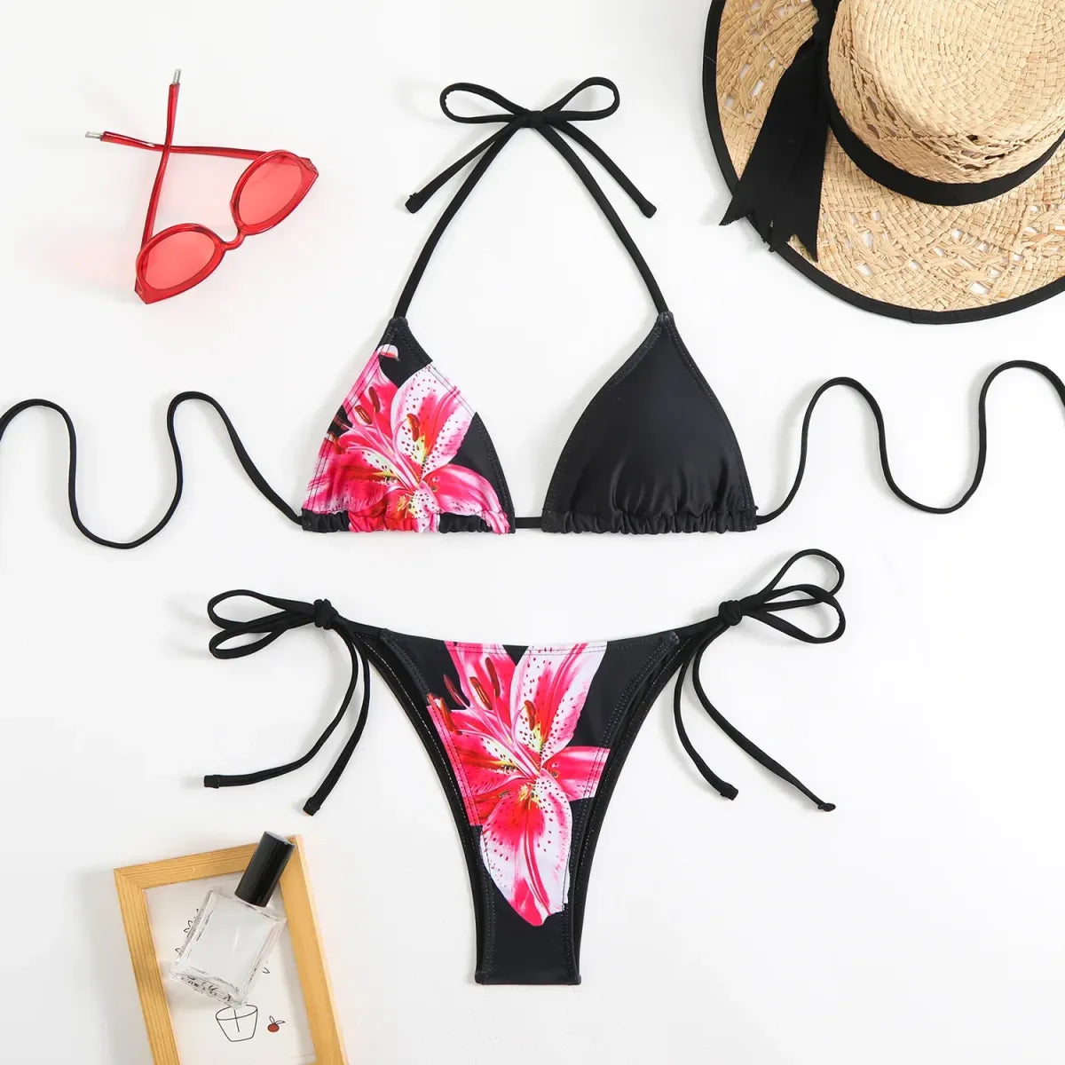 Conjunto de bikini con cuello halter – Traje de baño con estampado floral vintage y tirantes