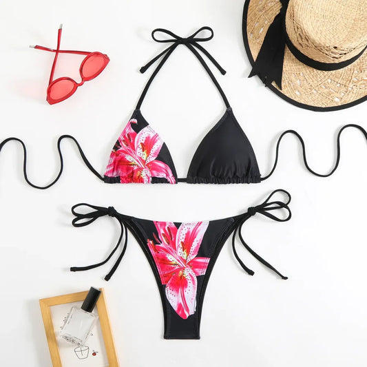 Conjunto de bikini con cuello halter – Traje de baño con estampado floral vintage y tirantes
