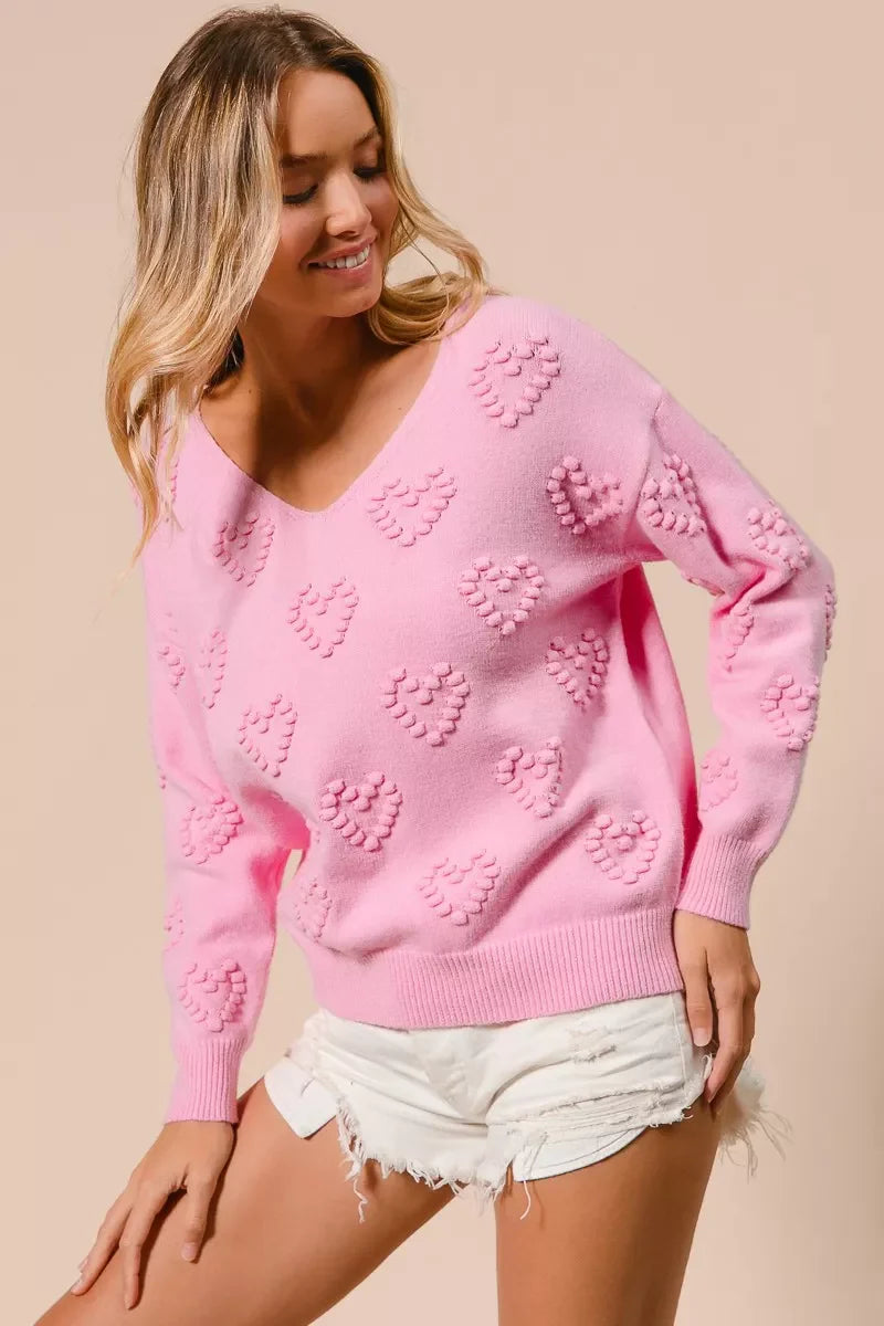 Top de punto con cuello en V y pompón de corazón de San Valentín de BiBi