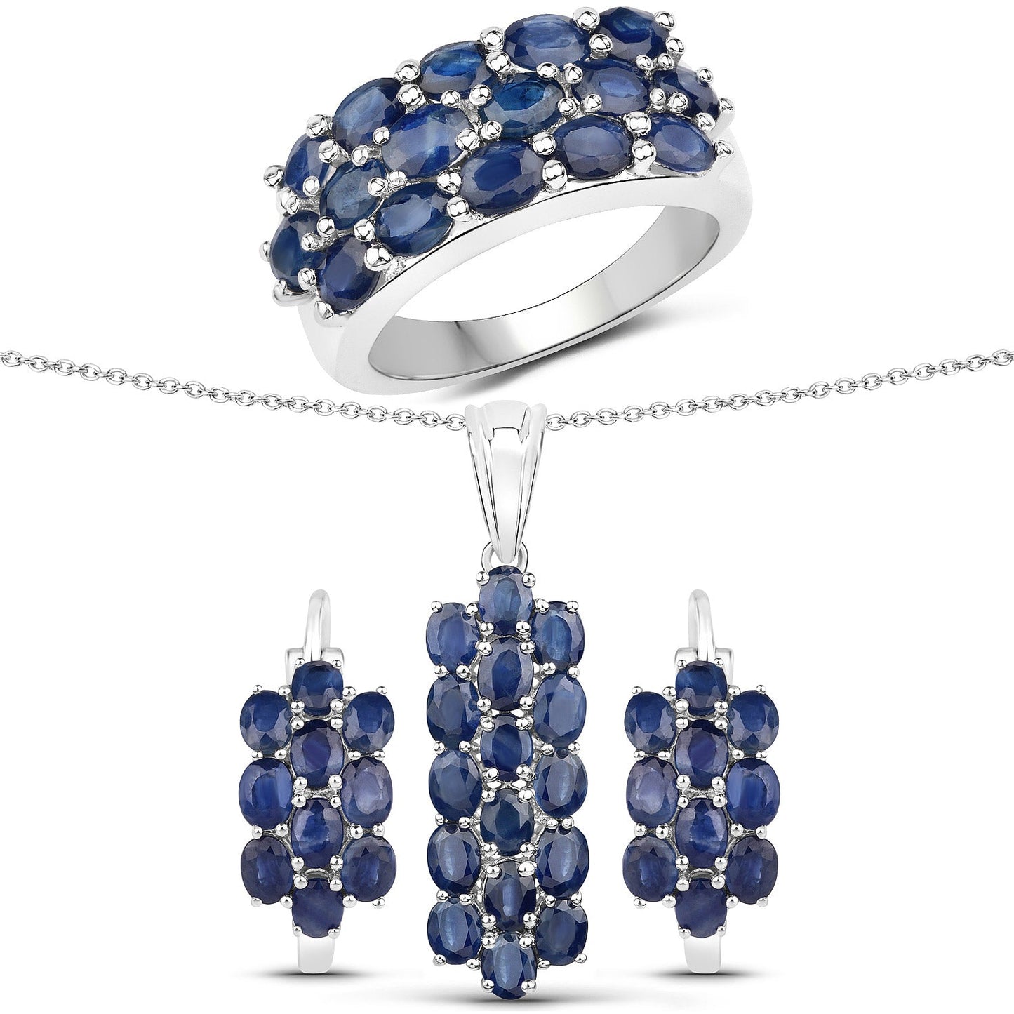 Juego de joyas de 3 piezas de zafiro azul genuino de 10,40 quilates de plata de ley .925 (anillo, pendientes y colgante con cadena)