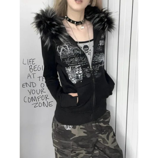 Chaqueta con capucha de pelo gótica grunge negra