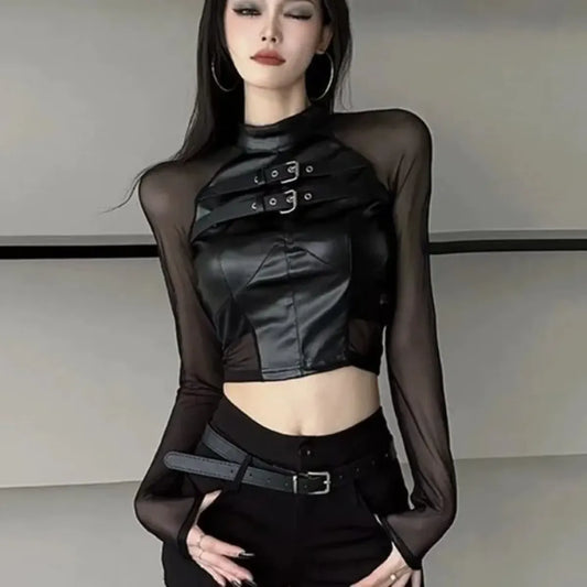 Top Corto de Malla de Piel Sintética – Estilo Harajuku Y2K E-Girl Streetwear