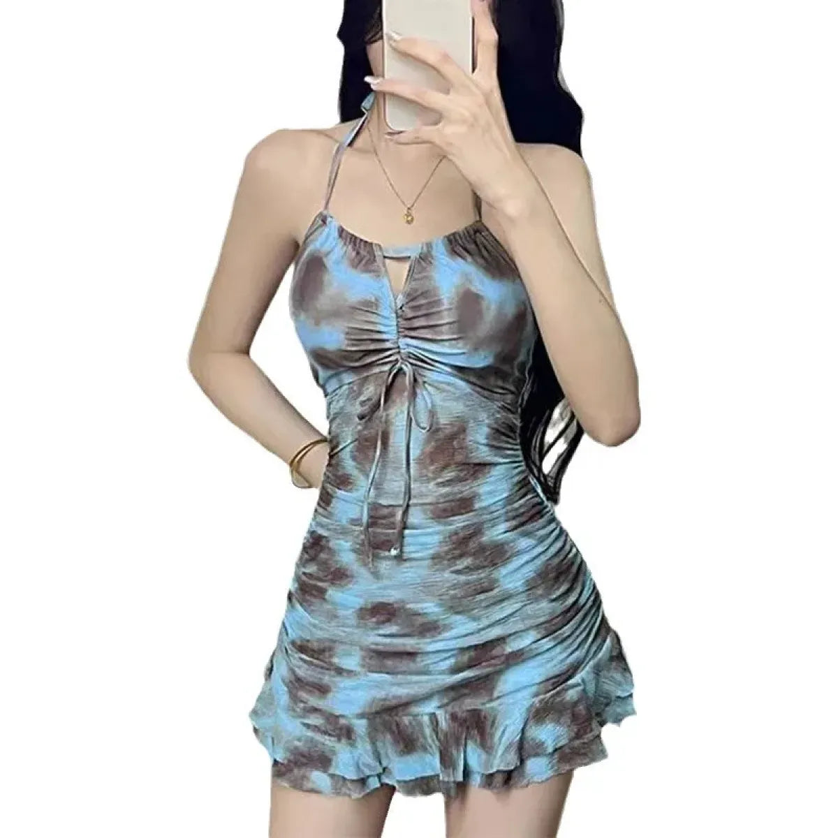 Traje de baño de una pieza con dobladillo con volantes - Minivestido Kawaii fruncido floral