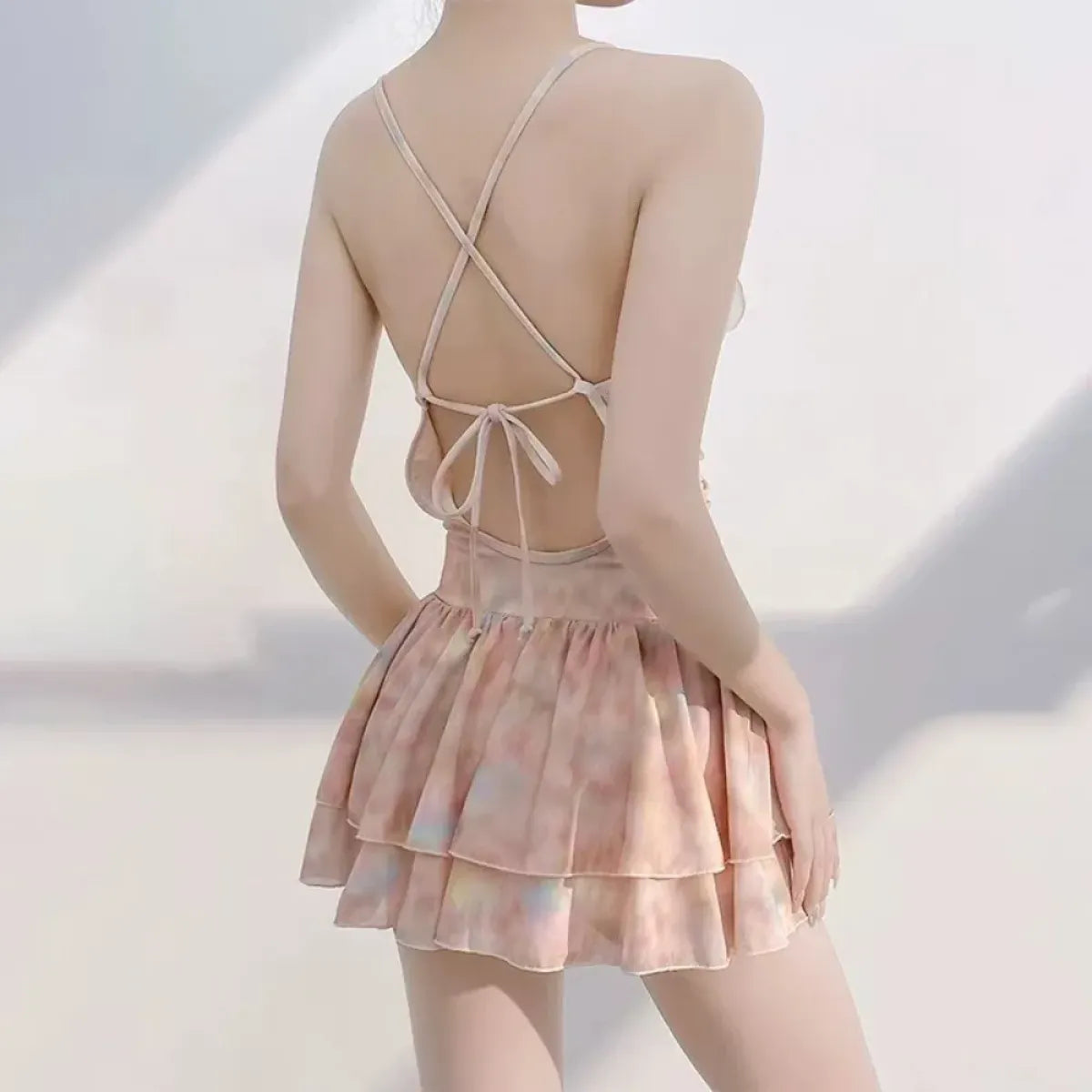 Traje de baño coreano fruncido floral – Falda de una pieza con flores 3D