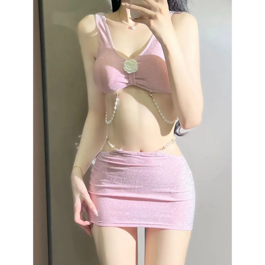 Conjunto de bikini de 3 piezas con purpurina – Top de flores 3D con minifalda de cadena de perlas