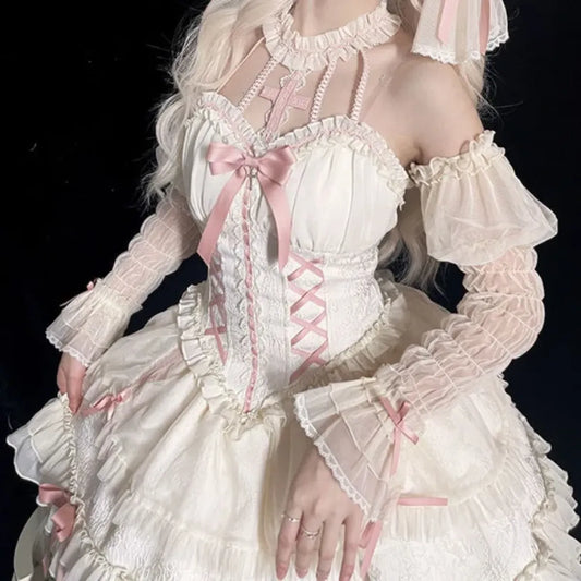 Vestido gótico Lolita de Harajuku con cuello halter – Hombros descubiertos, lazo en la cintura, ajuste entallado