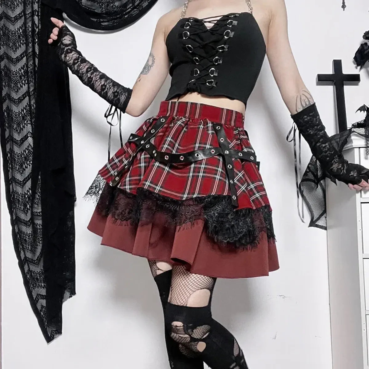 Falda gótica de cuadros punk – Minifalda de encaje por capas estilo Harajuku para cosplay