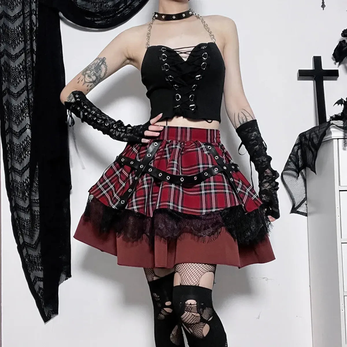 Falda gótica de cuadros punk – Minifalda de encaje por capas estilo Harajuku para cosplay