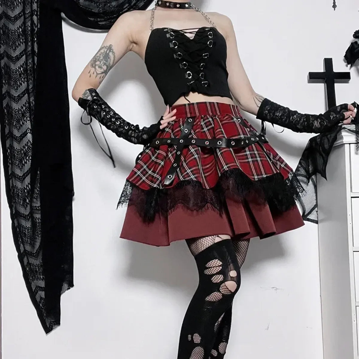 Falda gótica de cuadros punk – Minifalda de encaje por capas estilo Harajuku para cosplay