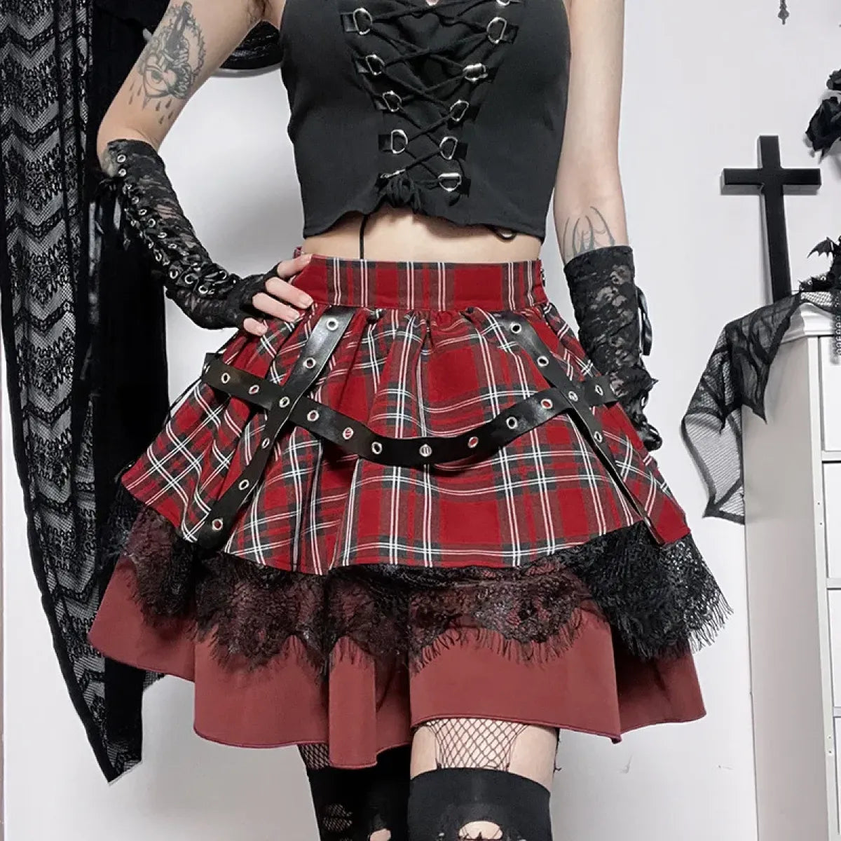 Falda gótica de cuadros punk – Minifalda de encaje por capas estilo Harajuku para cosplay