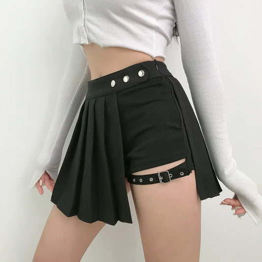 Falda pantalón plisada Gothic Punk – Minifalda pantalón de cintura alta con hebilla Harajuku