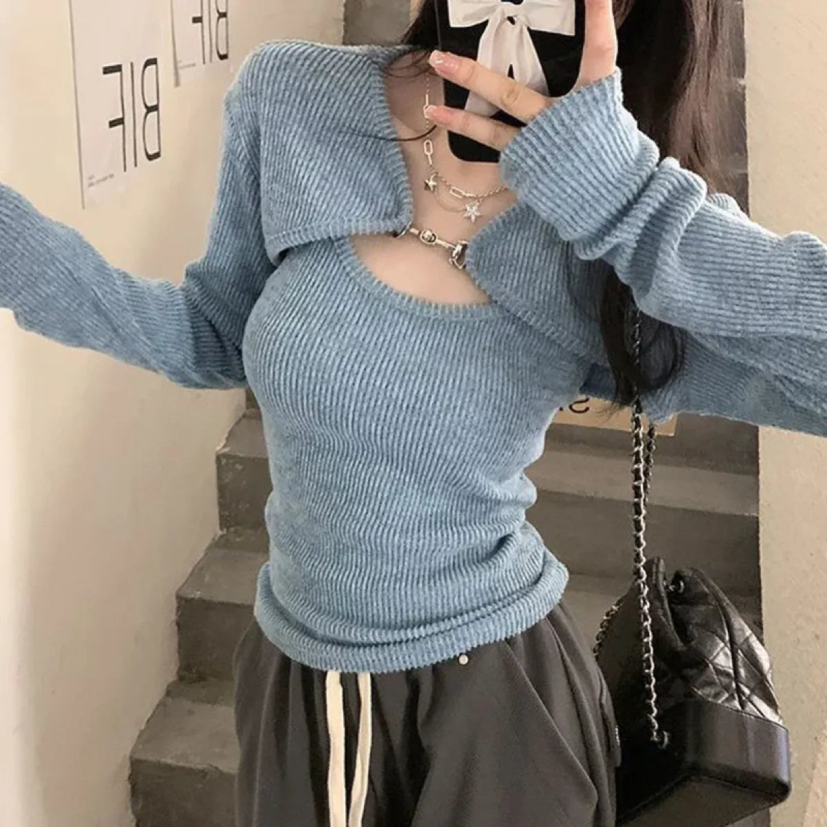 Conjunto de suéter de punto Harajuku