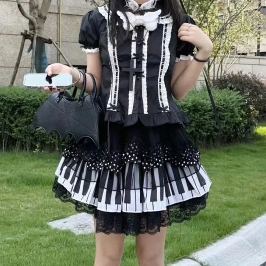 Falda de Pastel con Estampado de Piano – Estilo Harajuku Punk con Ribete de Encaje Y2K