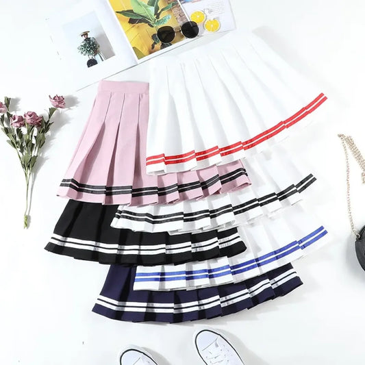 Falda Plisada Coreana de Talle Alto – Falda de Tenis a Rayas con Retazos para Mujer