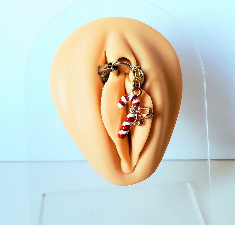 Lencería navideña con forma de bastón de caramelo, joyería para el coño, pinza erótica para labios
