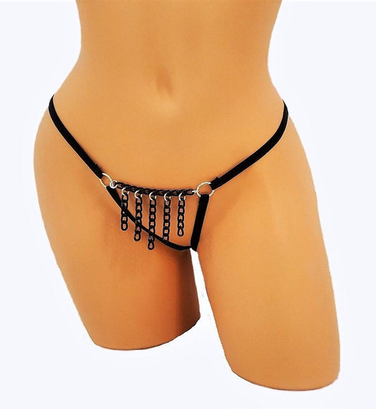 Tanga con flecos y cadena BDSM, lencería con entrepierna abierta