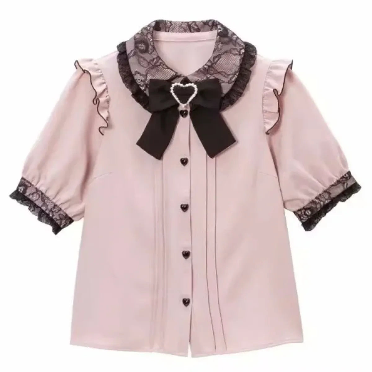 Blusa Kawaii Lolita de Encaje – Camisa Grunge Y2K con Lazo y Botones de Corazón