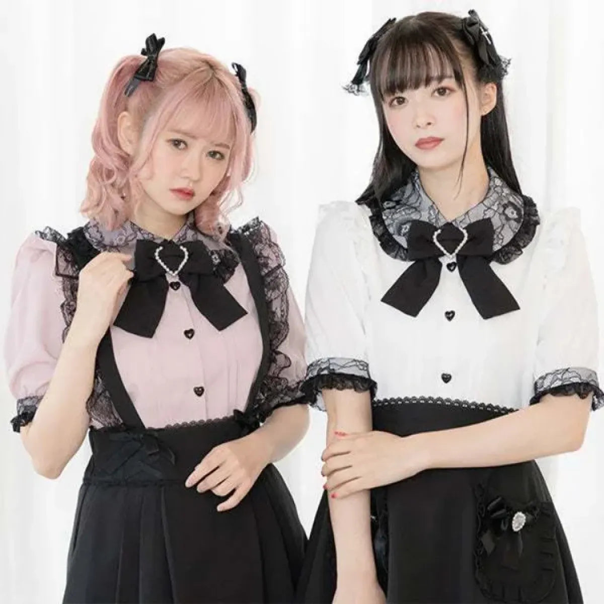 Blusa Kawaii Lolita de Encaje – Camisa Grunge Y2K con Lazo y Botones de Corazón