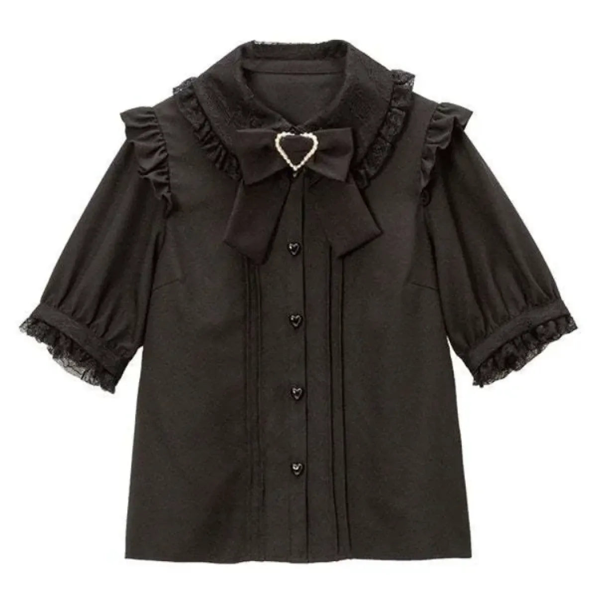 Blusa Kawaii Lolita de Encaje – Camisa Grunge Y2K con Lazo y Botones de Corazón