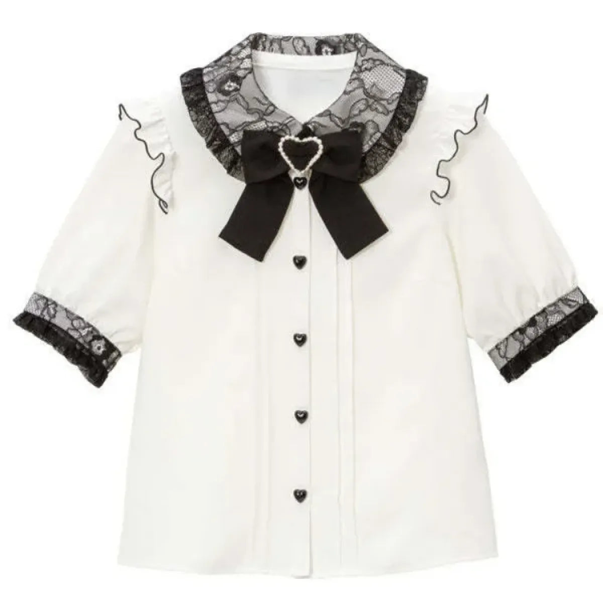 Blusa Kawaii Lolita de Encaje – Camisa Grunge Y2K con Lazo y Botones de Corazón