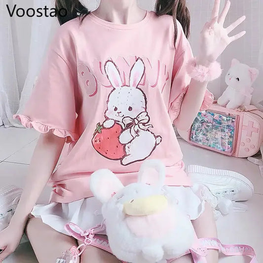 Camiseta de conejo fresa rosa