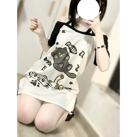 Camiseta con estampado de gato y hombros descubiertos – Top grunge kawaii Y2K