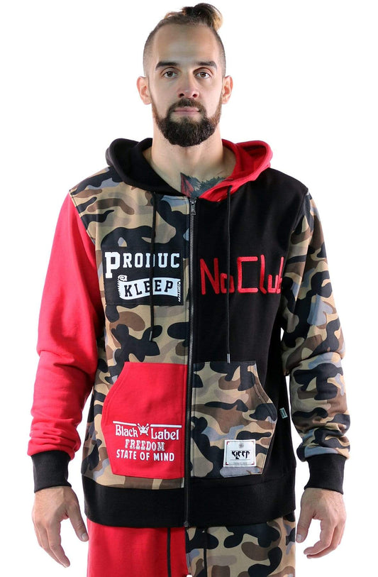 Sudadera con capucha y cremallera de felpa francesa con bloques cortados, parches y estampados